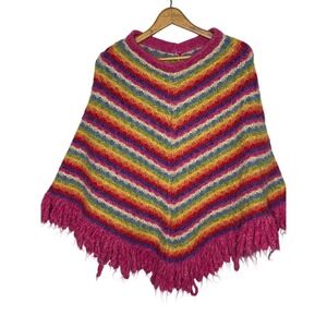 Peruvian Trading Co Rainbow Chevron Chunky Acrylic Poncho Fringe Boho Festival